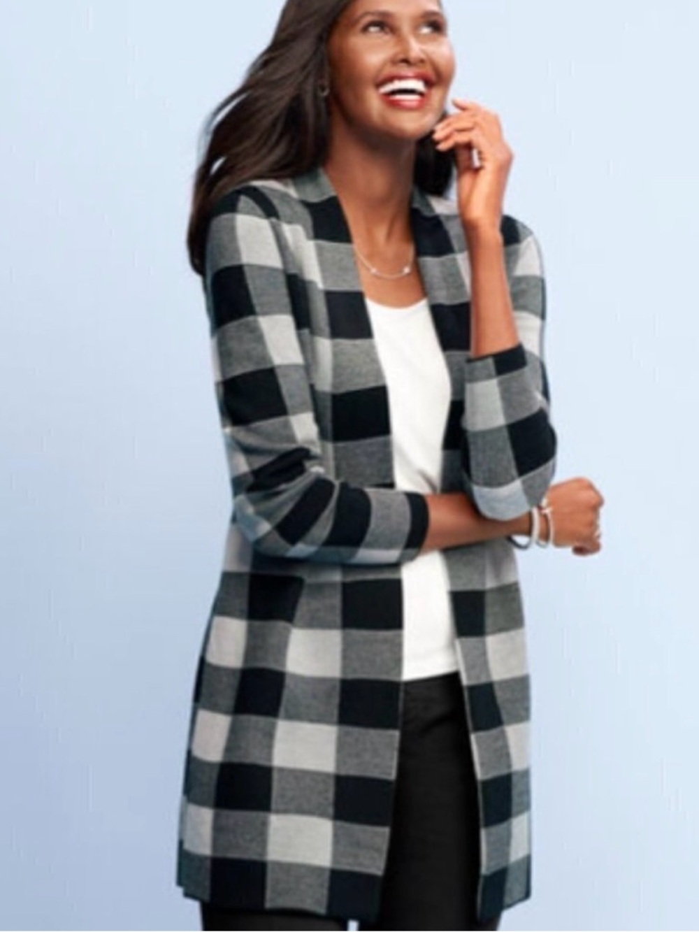 Talbots Size Merino Wool Plaid Check Cardigan Sweater Gray Black XL